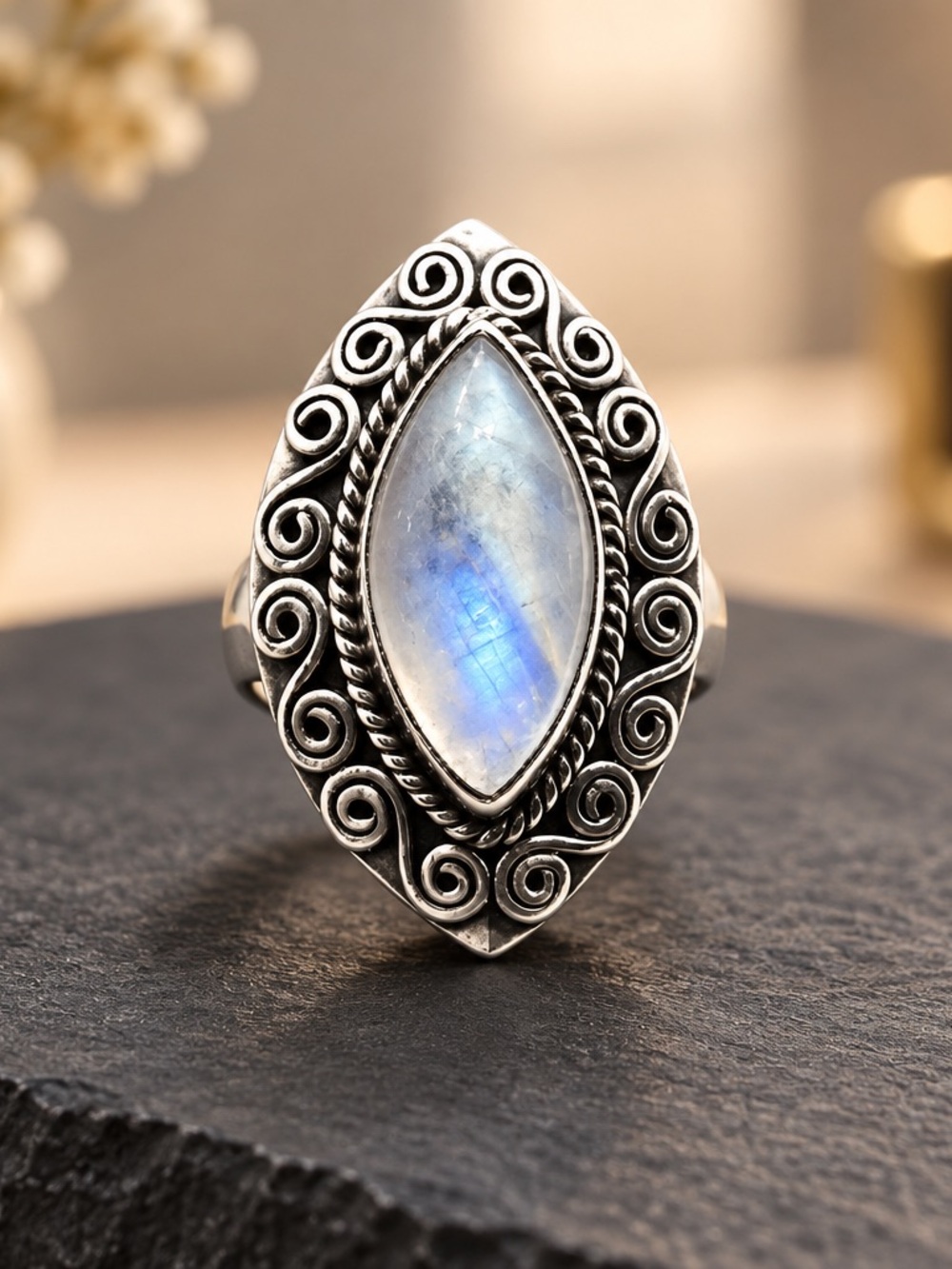 Size 6 Sterling Silver Moonstone Marquise Statement Ring signed Doug Paulus